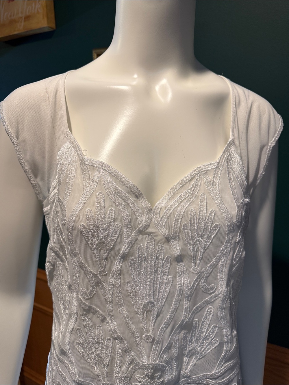 White House Black Market Mesh Cap Sleeve Embroidered Top